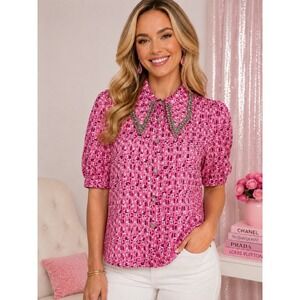 NWT La Ros Sz L Pink Geometric Rhinestone Collar Blouse Barbiecore Glam Sparkle